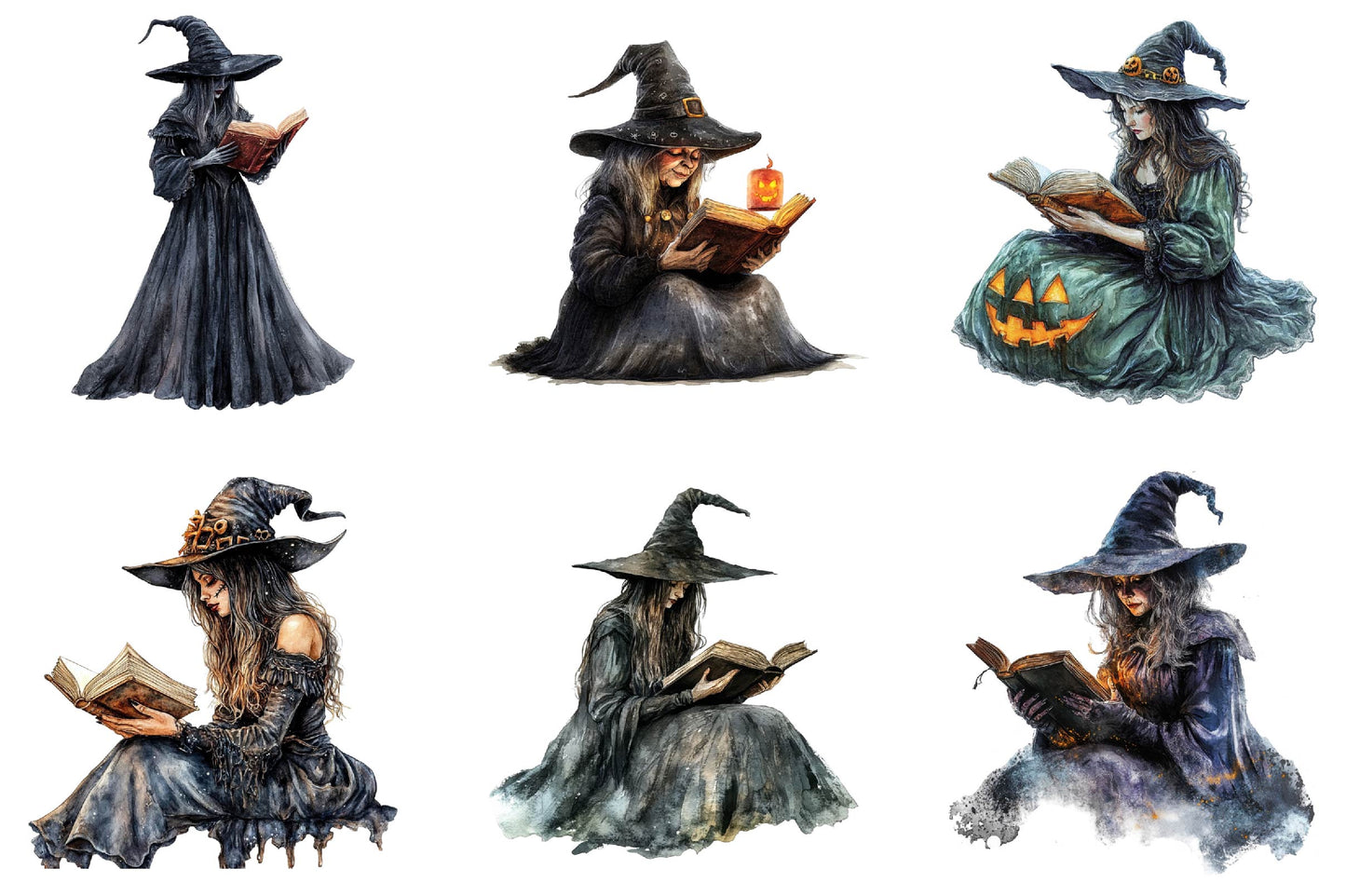 24 Halloween Witch With Book Clipart PNG Bundle