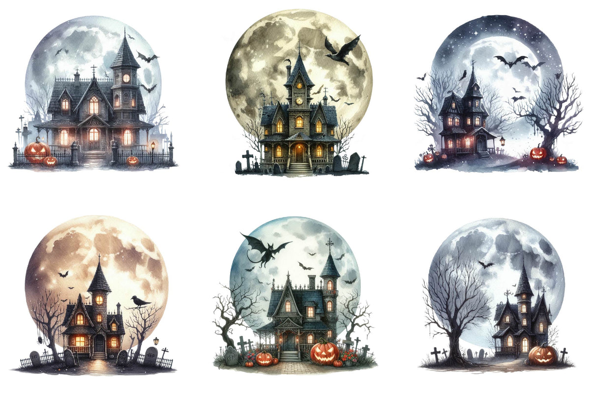 35 Halloween Haunted House Clipart PNG Bundle
