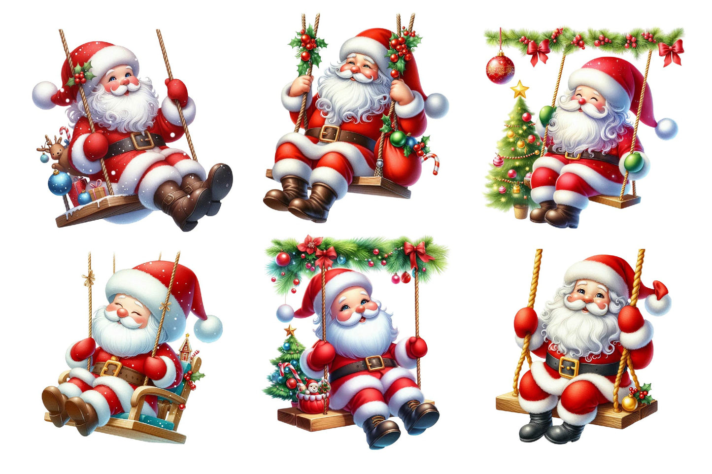 Christmas Santa Swing Watercolor Clipart PNG Bundle