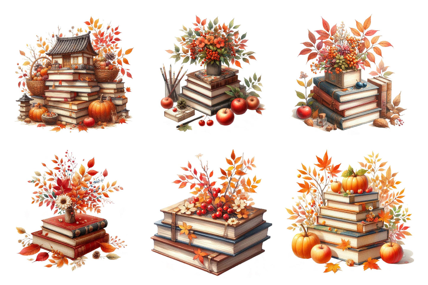 Autumn Books Watercolor Clipart PNG Bundle