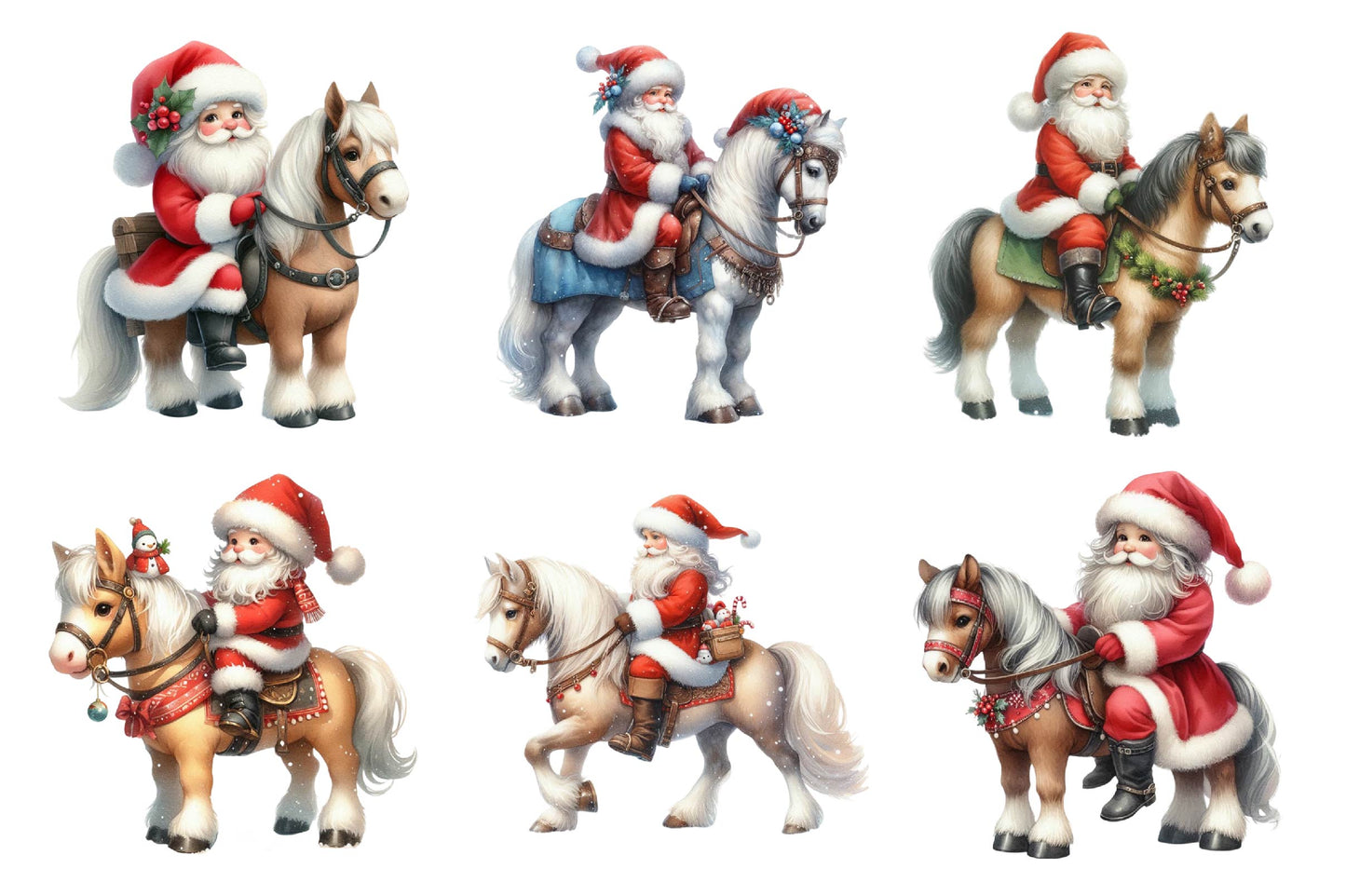 Christmas Santa Riding Horse Watercolor PNG Bundle
