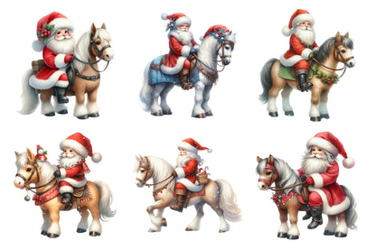 Christmas Santa Riding Horse Watercolor PNG Bundle