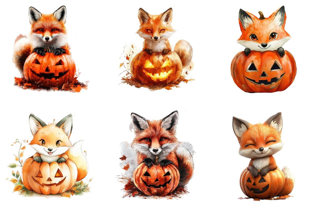 25 Halloween Fox Pumpkin Clipart PNG Bundle