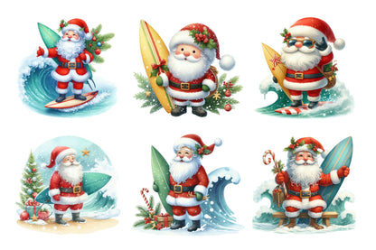 Christmas Santa with Surfboard PNG Bundle
