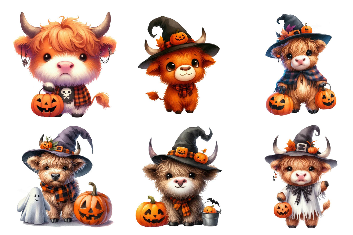 29 Halloween Highland Cow PNG Clipart Bundle