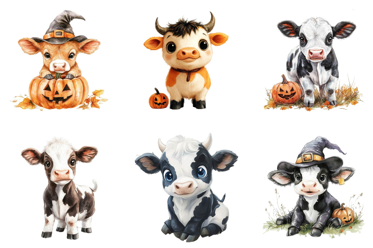 26 Halloween Cute Baby Cow Clipart Bundle