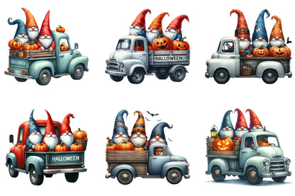 30 Halloween Gnomes Truck Clipart Bundle PNG, Cute Gnome Pumpkin Truck Sublimation Designs