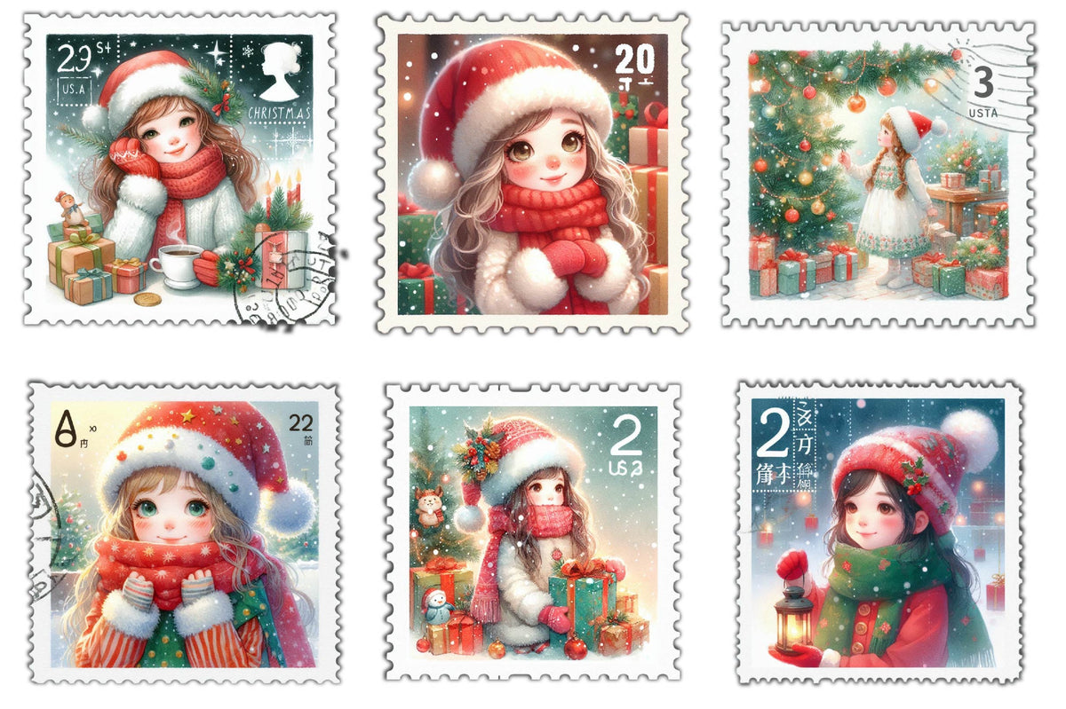 Christmas Girl Postage Stamp Clipart Bundle 19 Holiday PNG Designs