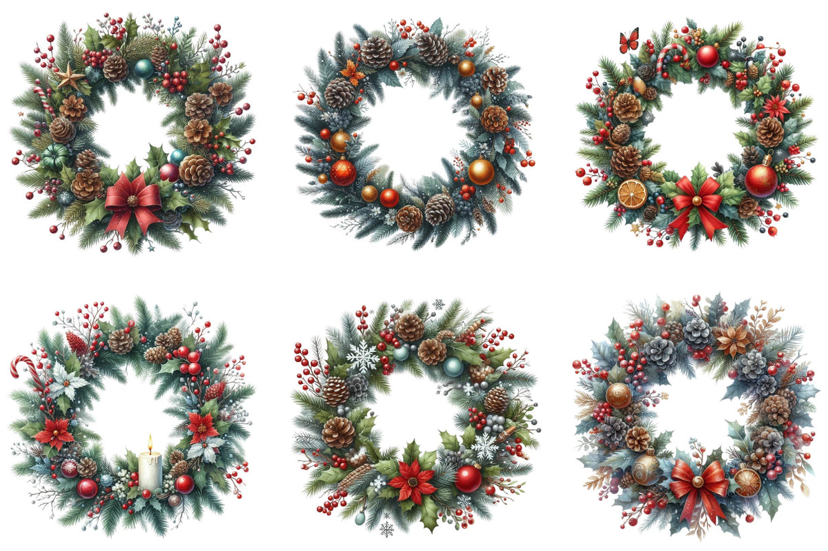 Christmas Wreath Watercolor Clipart PNG Bundle