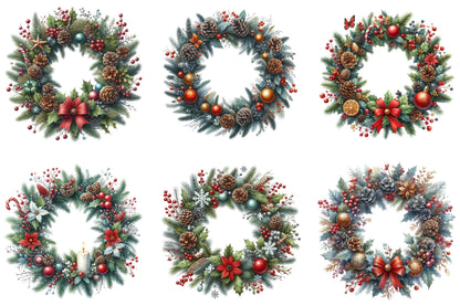Christmas Wreath Watercolor Clipart PNG Bundle