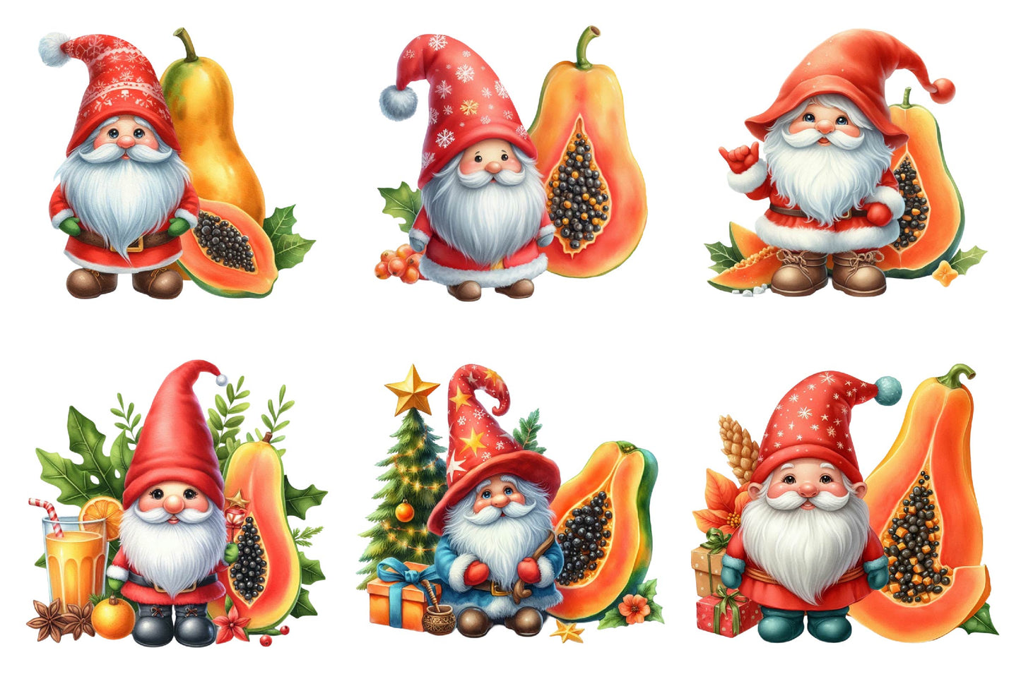 Christmas Papaya Gnome Watercolor Clipart PNG Bundle