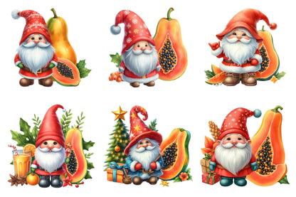 Christmas Papaya Gnome Watercolor Clipart PNG Bundle