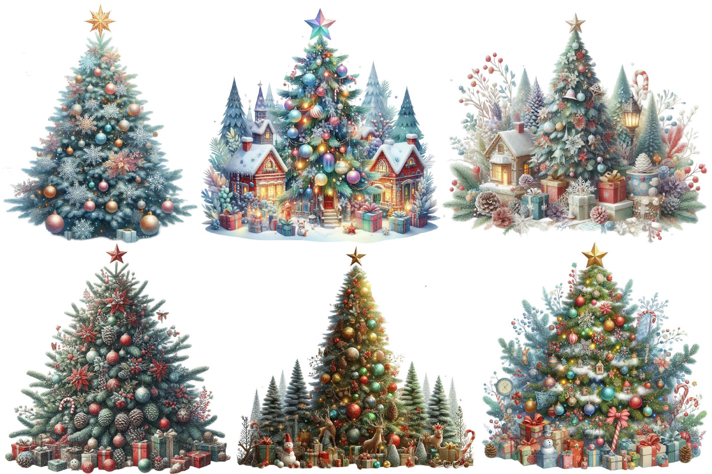 Christmas Tree Watercolor Clipart PNG Bundle