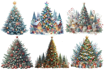 Christmas Tree Watercolor Clipart PNG Bundle