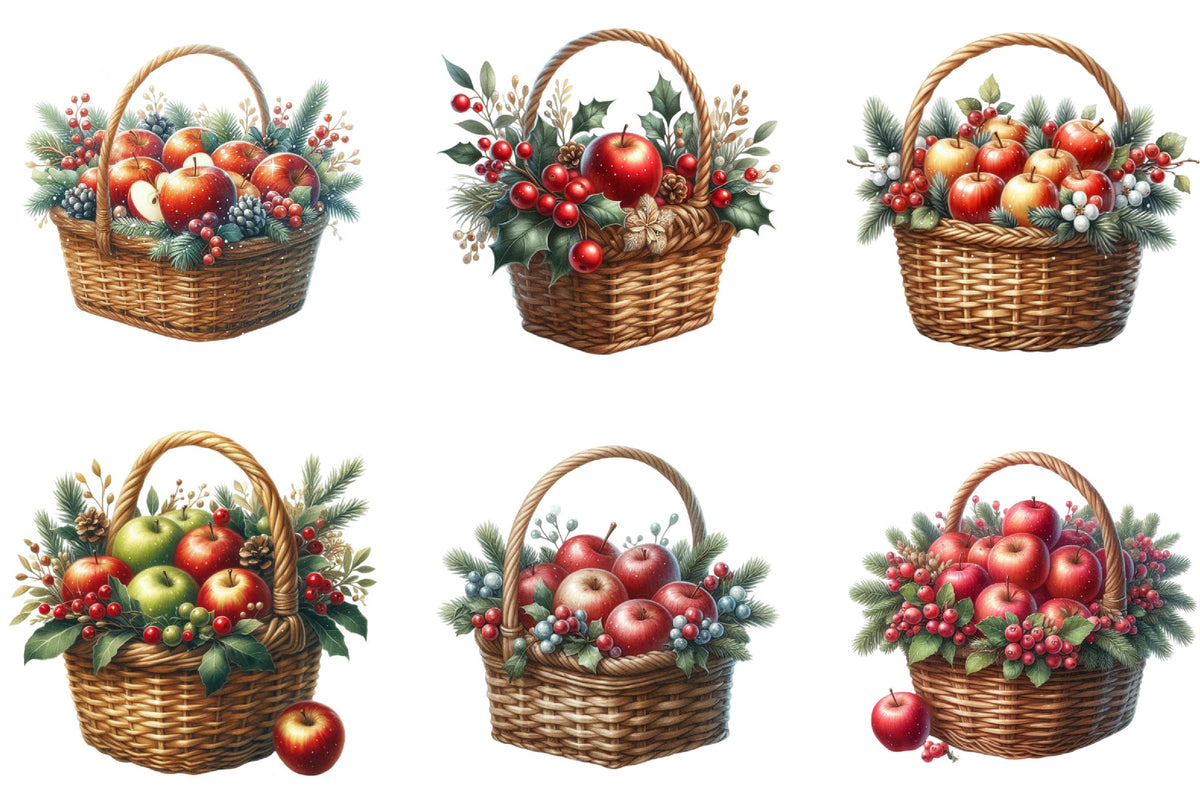 Christmas Apple Basket PNG Bundle 25 Festive Fruit Clipart Designs