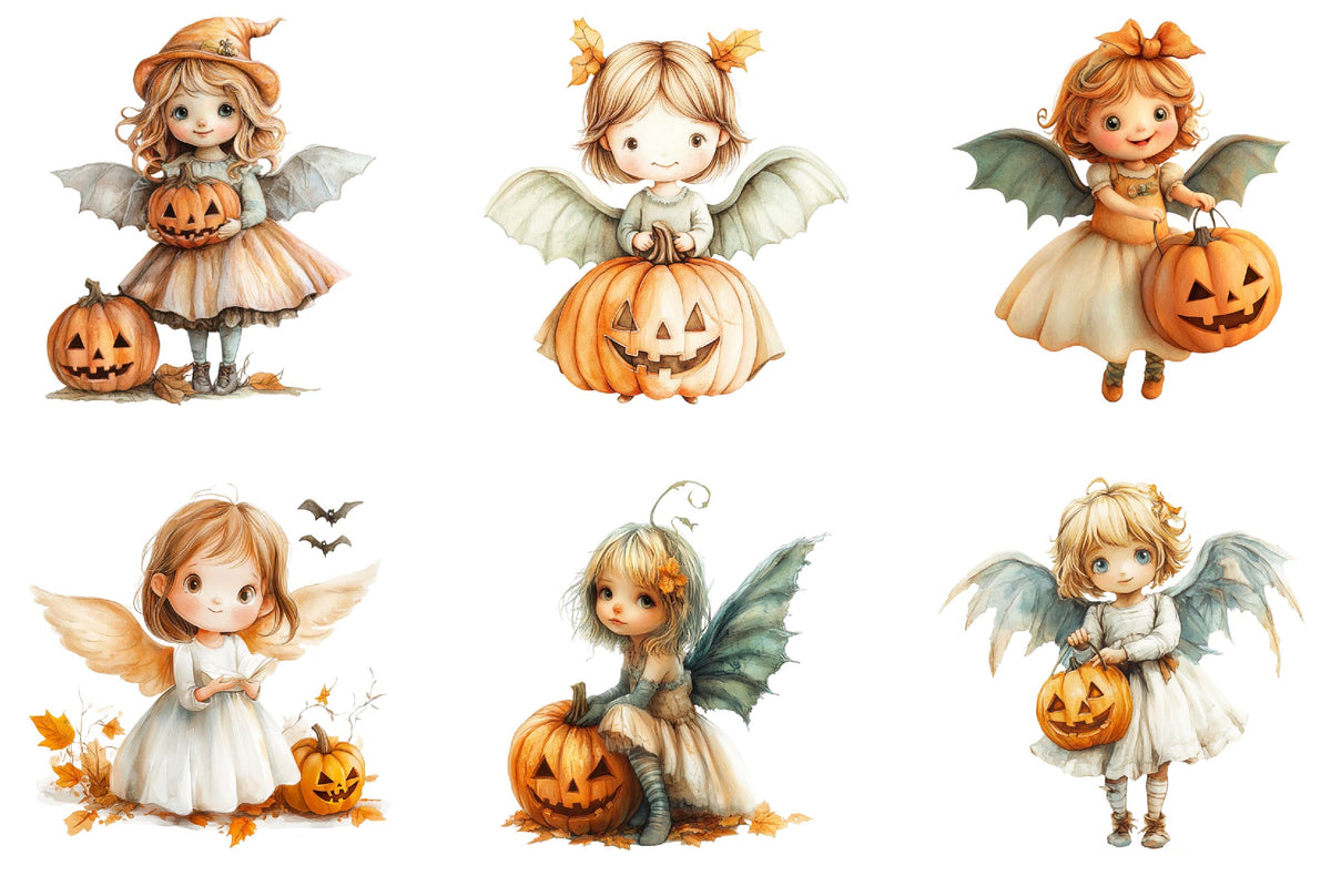 25 Halloween Cute Angel Clipart PNG Bundle