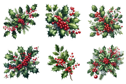 Christmas Holly Watercolor Clipart PNG Bundle