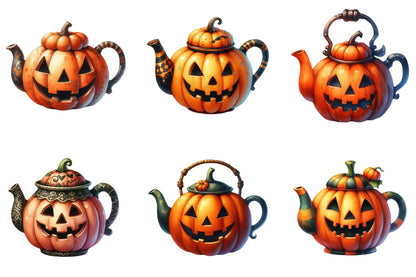 29 Halloween Pumpkin Teapot Clipart PNG Bundle