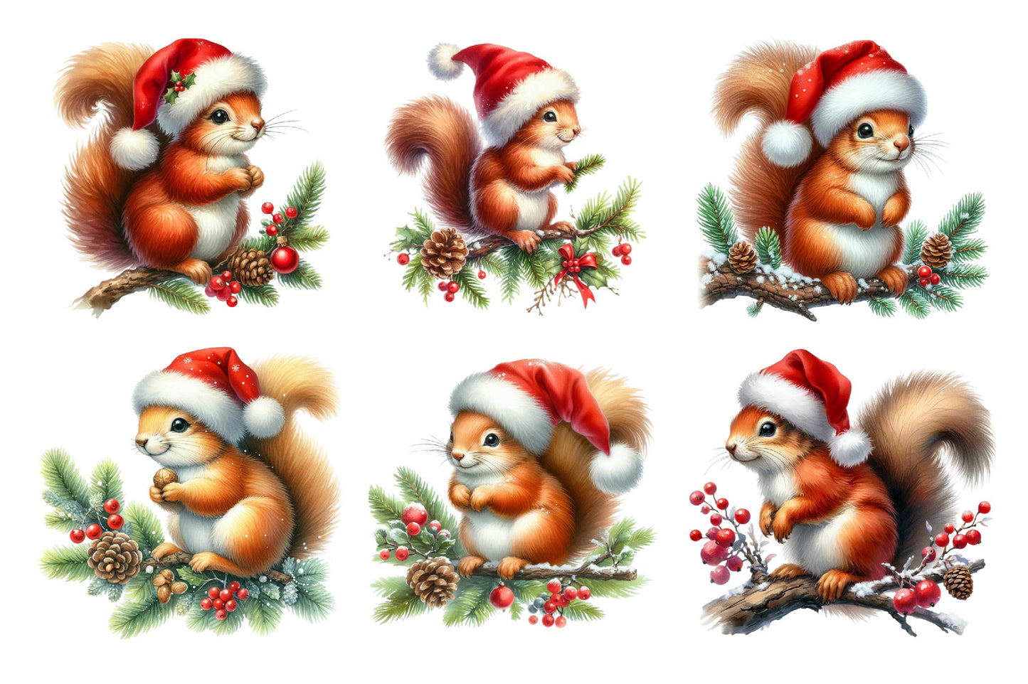 Christmas Squirrel Watercolor Clipart PNG Bundle