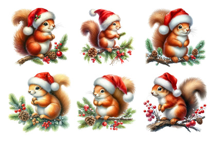 Christmas Squirrel Watercolor Clipart PNG Bundle