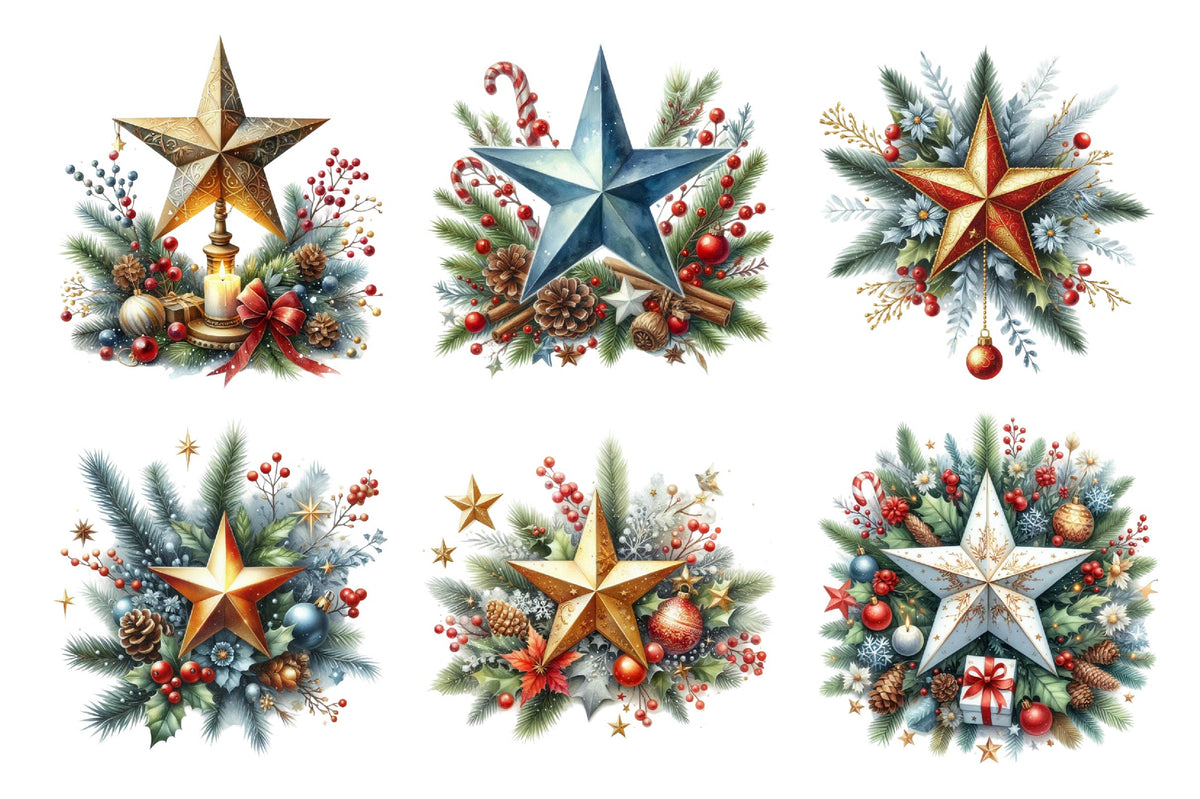 Christmas Star Watercolor Clipart PNG Bundle