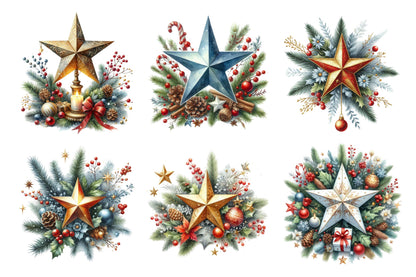 Christmas Star Watercolor Clipart PNG Bundle