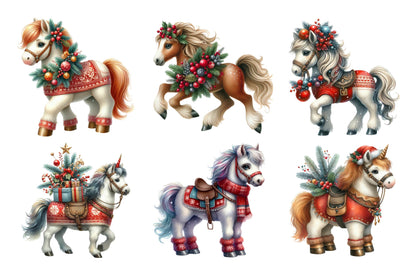 Christmas Horse Watercolor Clipart PNG Bundle