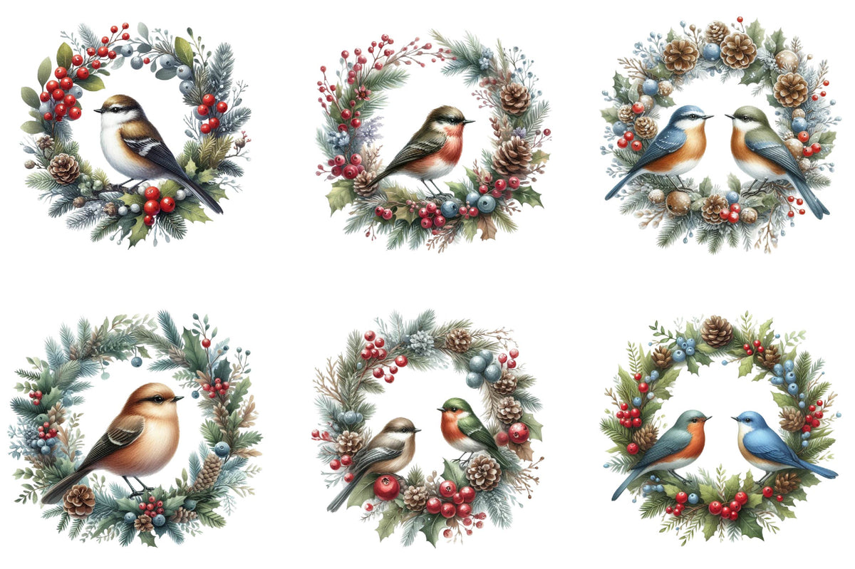 Christmas Bird Wreath Clipart Bundle 34 Winter Bird PNG Designs