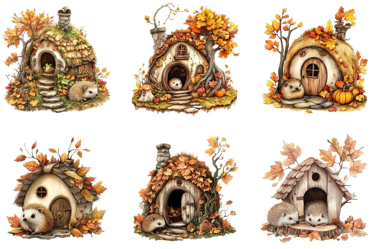 Autumn Hedgehog House Clipart Bundle 27 Cozy Fall Cottage Designs