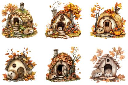 Autumn Hedgehog House Clipart Bundle 27 Cozy Fall Cottage Designs