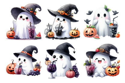 Halloween Cute Ghost Drinking Black Fruit PNG Bundle
