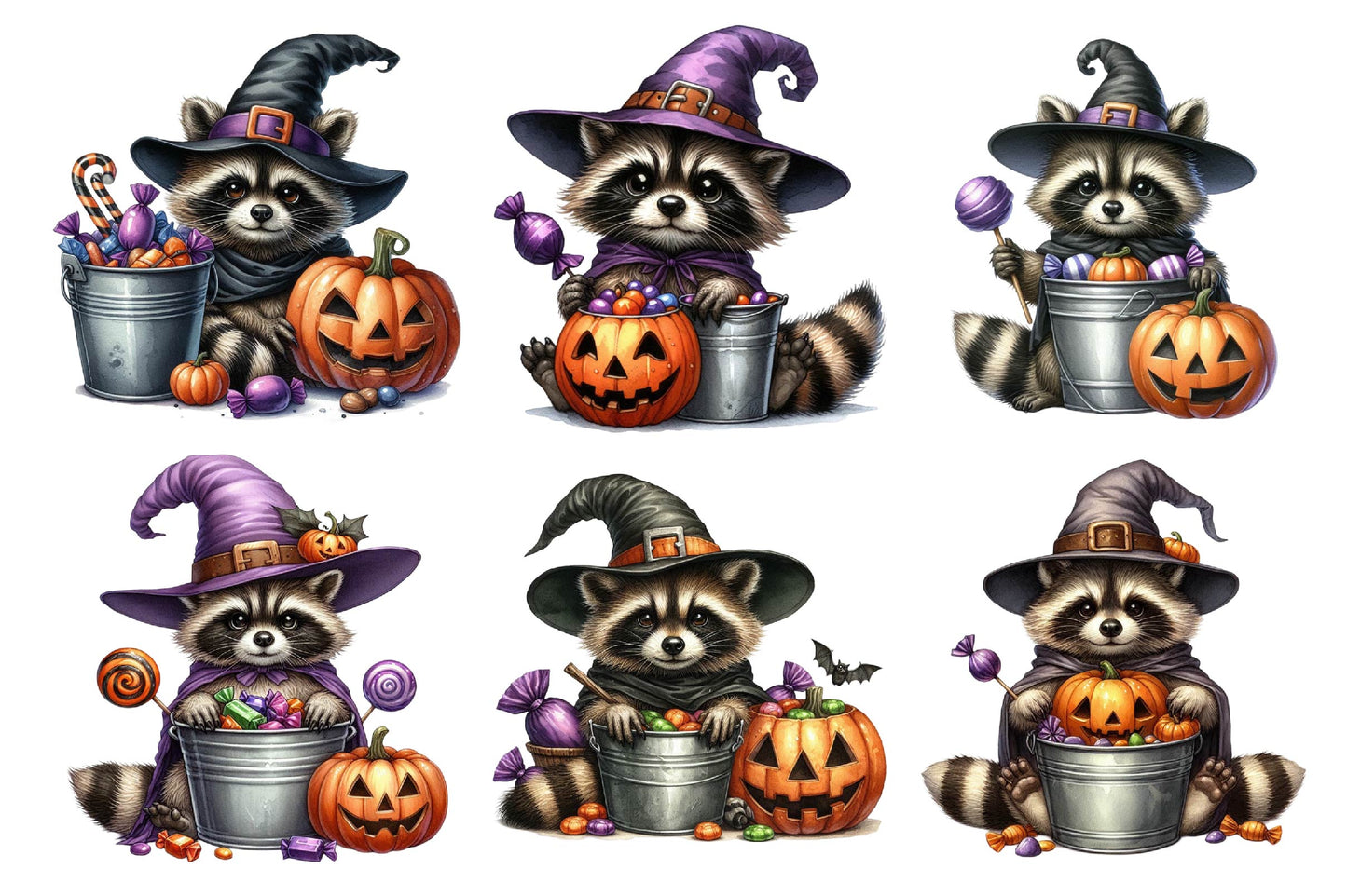 Halloween Raccoon Witch Watercolor Clipart PNG Bundle