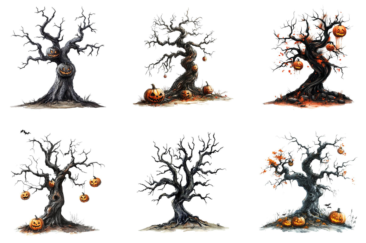 24 Halloween Scary Tree Clipart PNG Bundle
