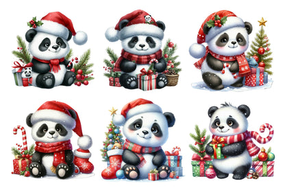 Christmas Panda Watercolor Clipart PNG Bundle