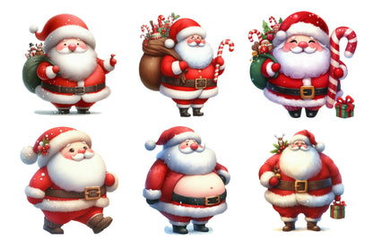Christmas Funny Fat Santa Watercolor Clipart PNG Bundle