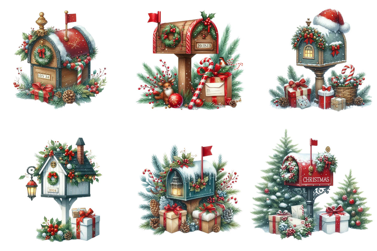 26 Christmas Mailbox Clipart Bundle PNG, Winter Mailbox Christmas Sublimation