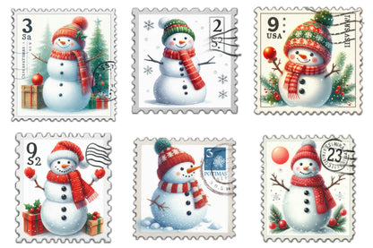 30 Christmas Snowman Postage Stamp Clipart Bundle
