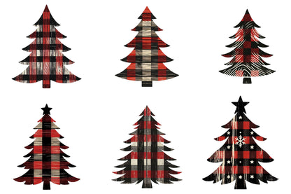 28 Christmas Primitive Wood Tree Clipart Bundle PNG, Rustic Plaid Christmas Tree Sublimation Designs