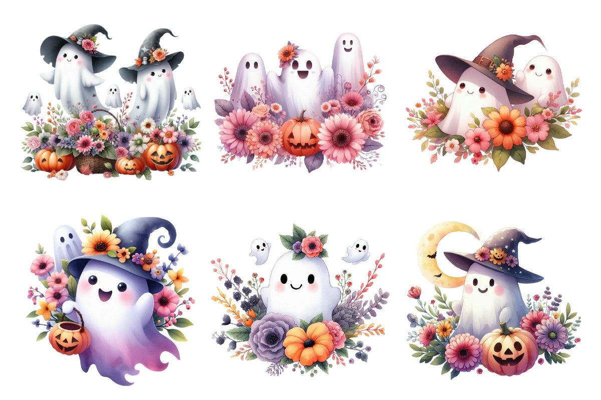 Halloween Cute Flower Ghosts Watercolor PNG Bundle