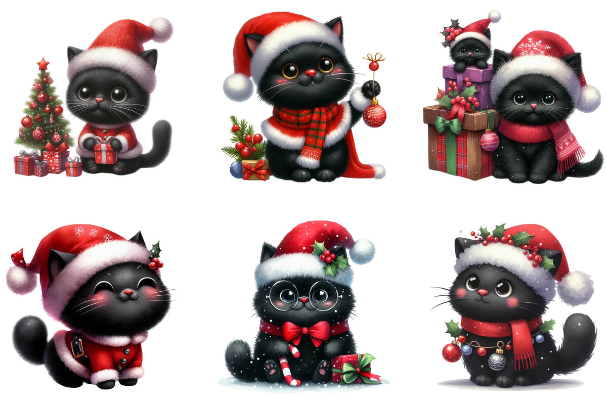 36 Christmas Black Cat Clipart Bundle