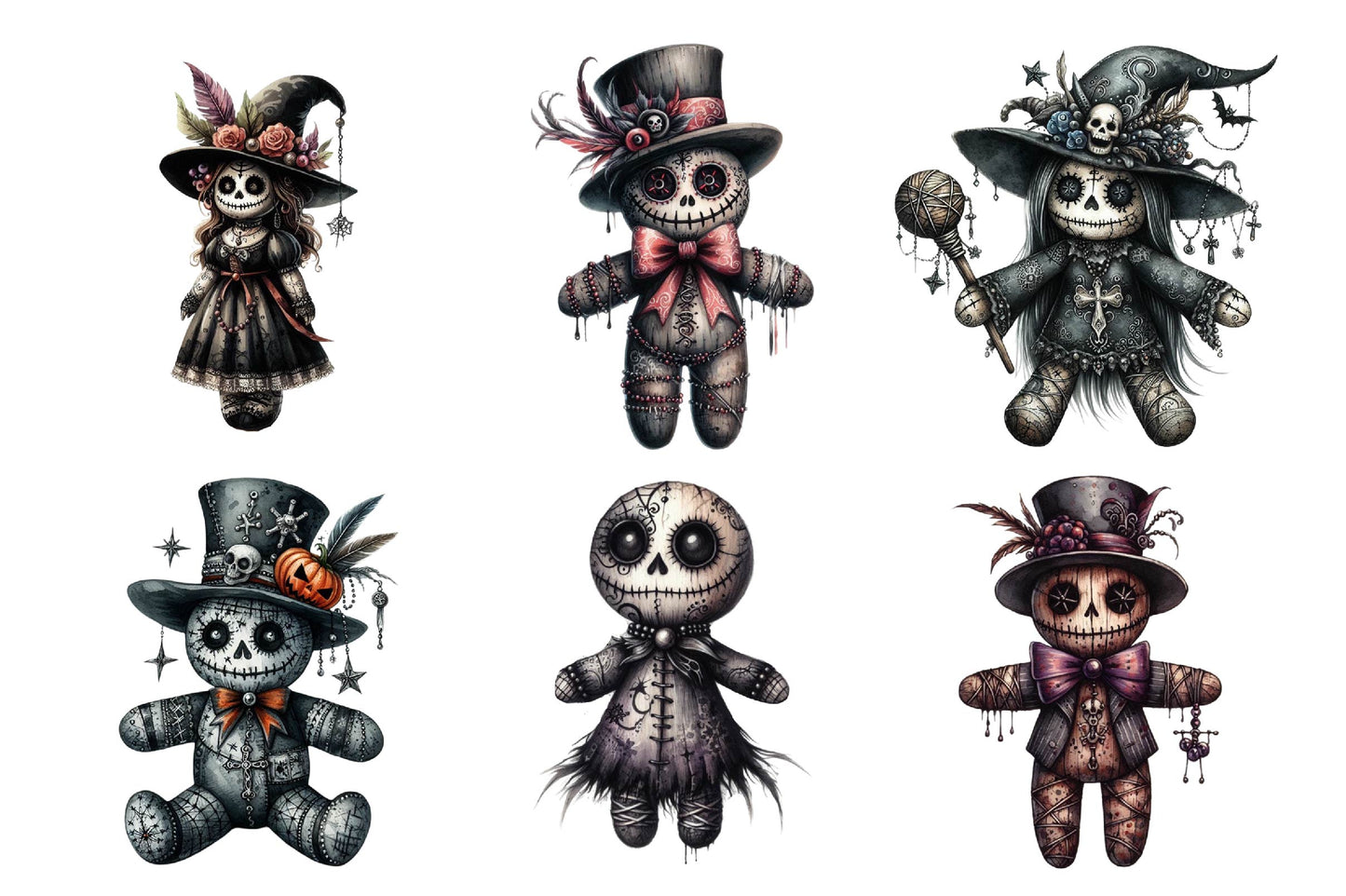 Halloween Gothic Voodoo Doll Watercolor PNG Bundle