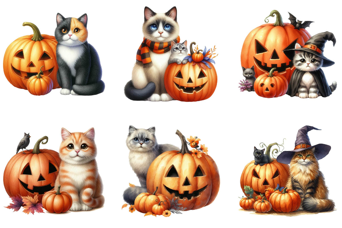 28 Halloween Pumpkin Cat Clipart PNG Bundle