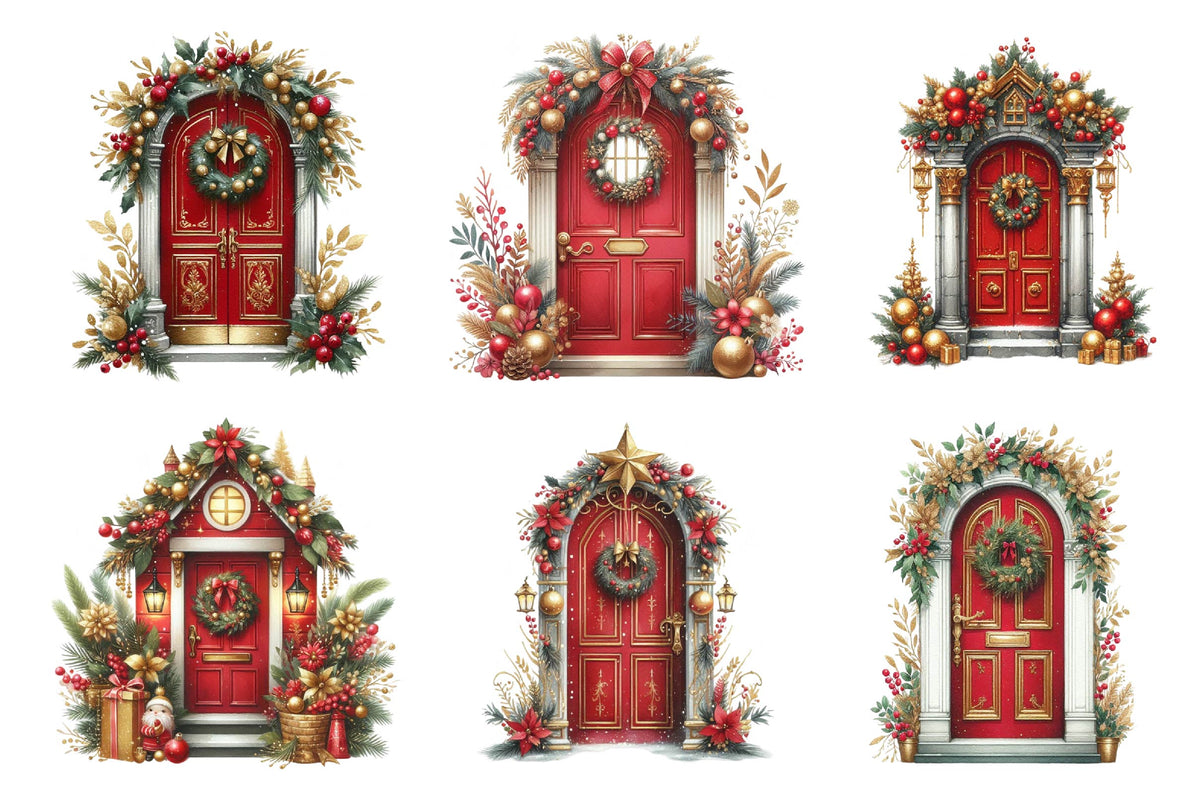 25 Christmas Red And Gold Door Clipart Bundle