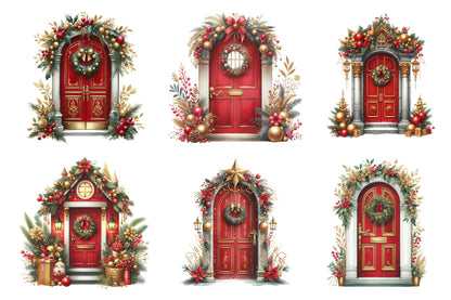 25 Christmas Red And Gold Door Clipart Bundle