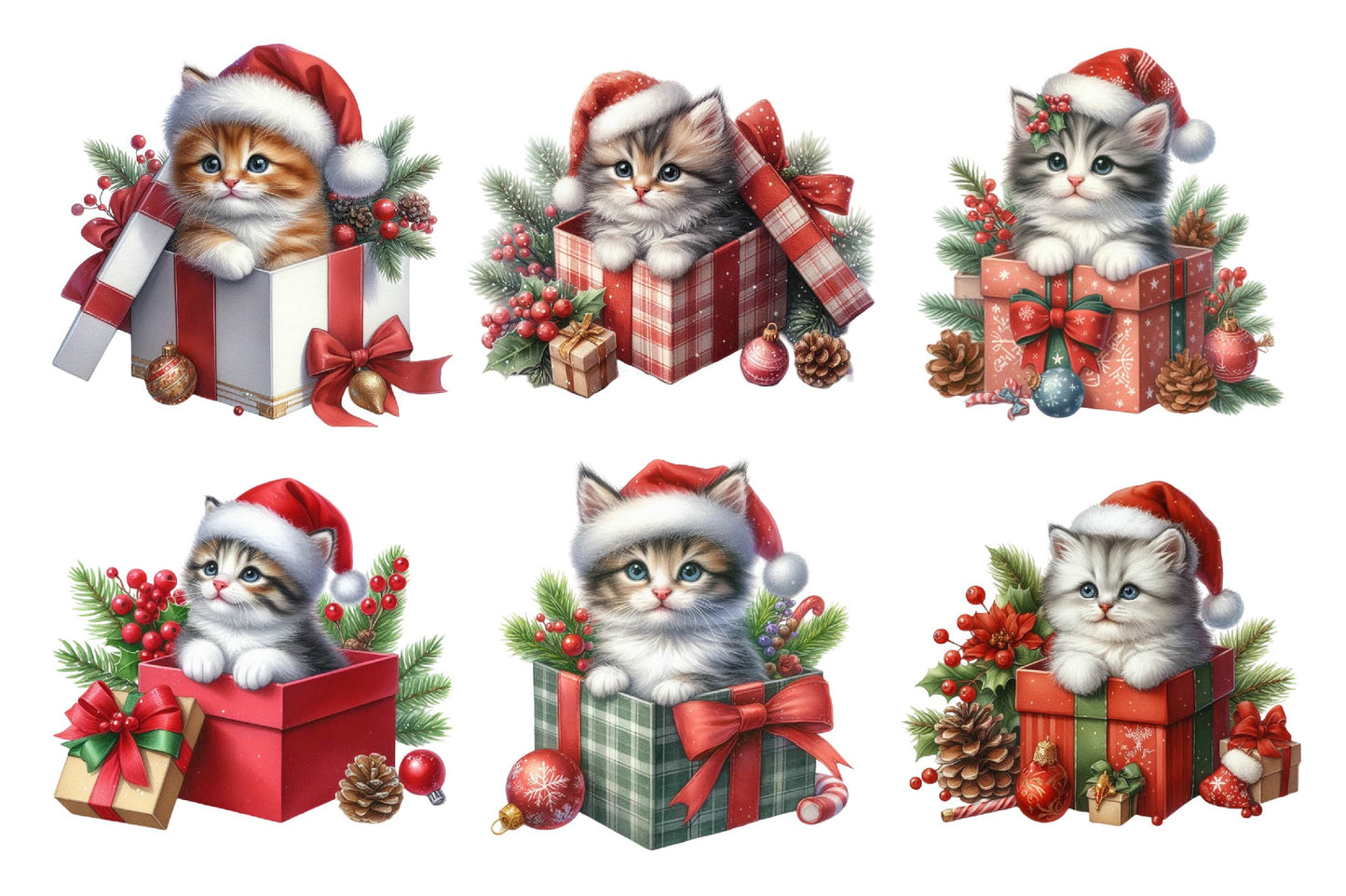 Christmas Kitten in Gift Box PNG Clipart Bundle