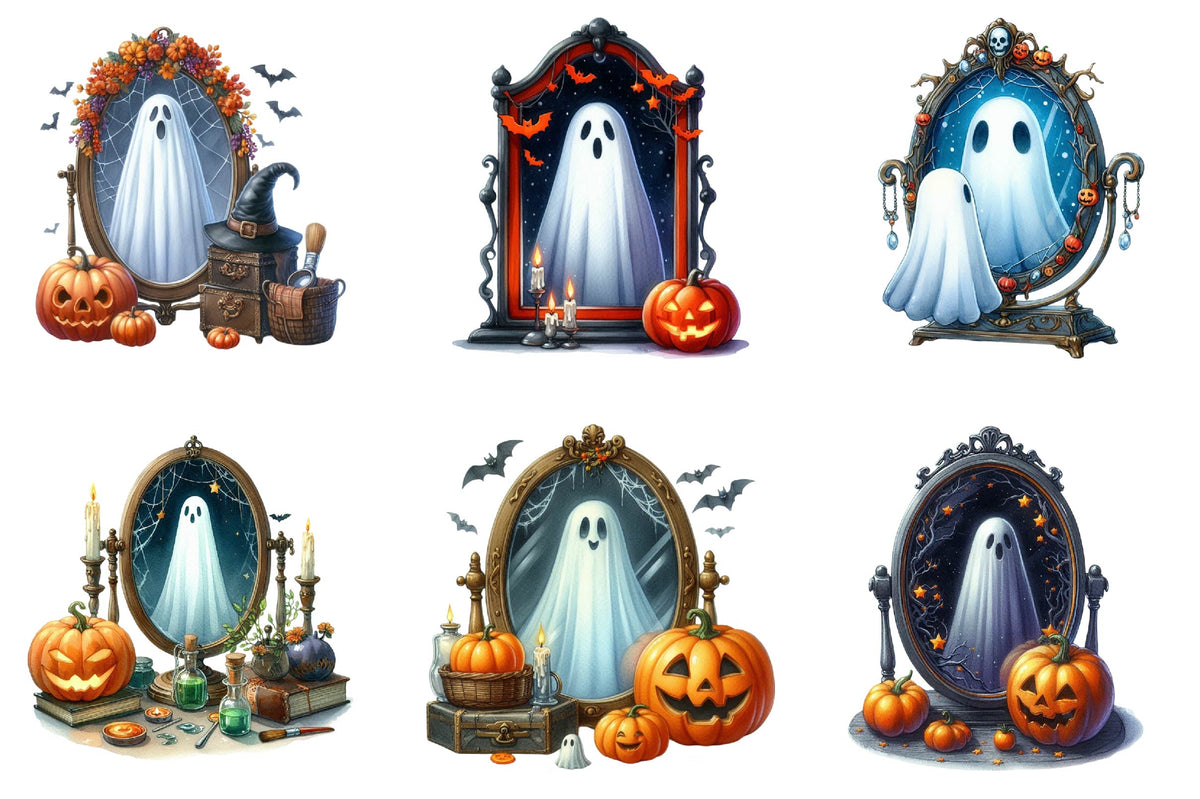 31 Halloween Mirror Ghost Clipart Bundle PNG, Spooky Ghost Mirror Pumpkin Sublimation Designs