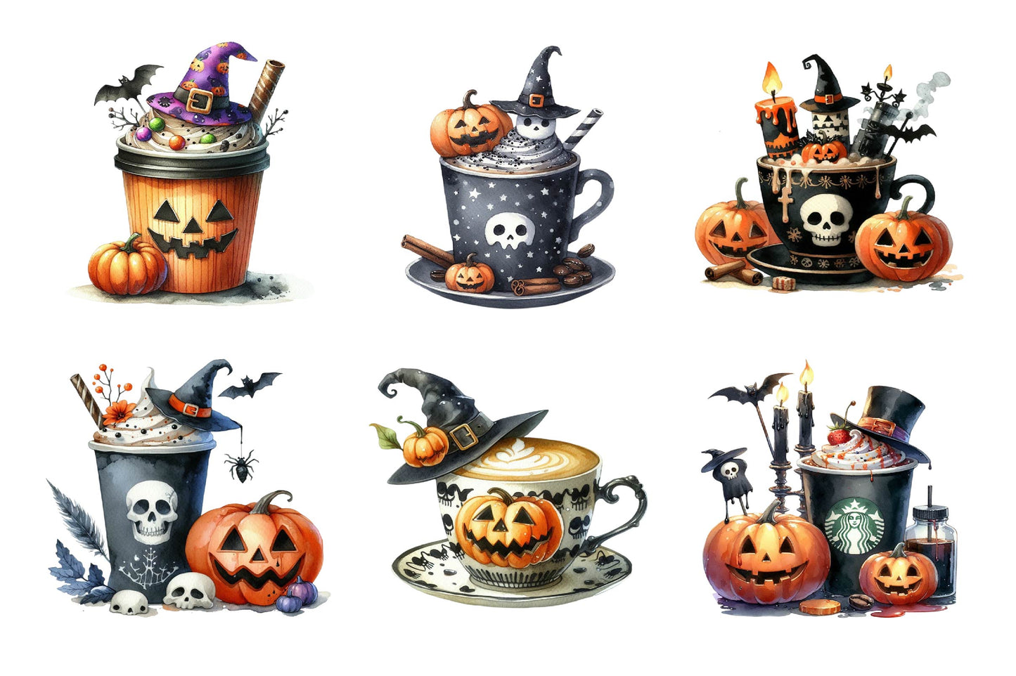 Halloween Coffee Cup Watercolor Clipart PNG Bundle
