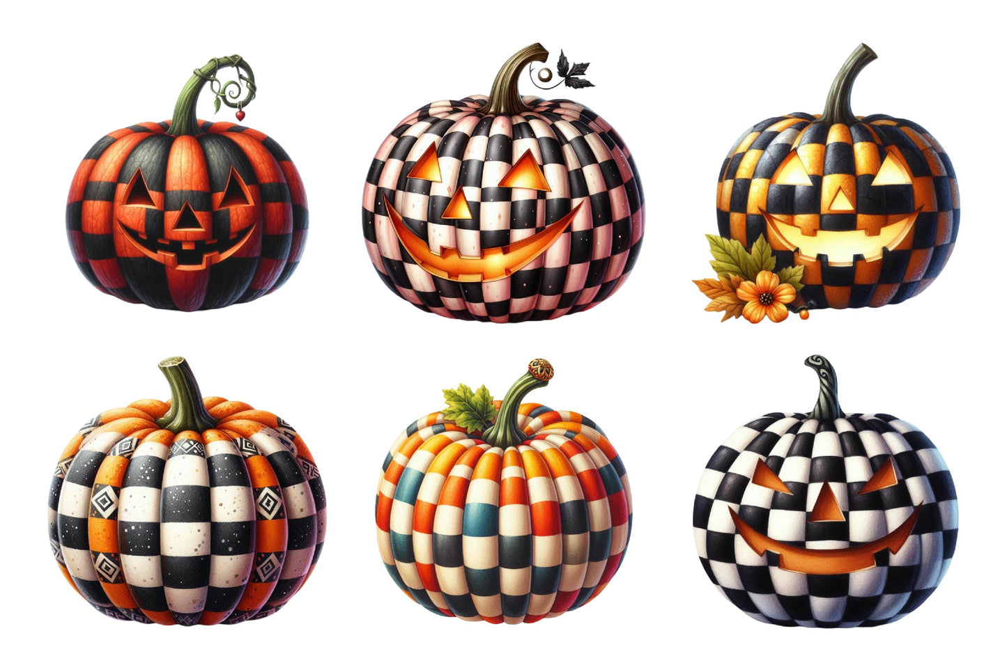 Checkered Pumpkin Halloween Watercolor PNG Bundle