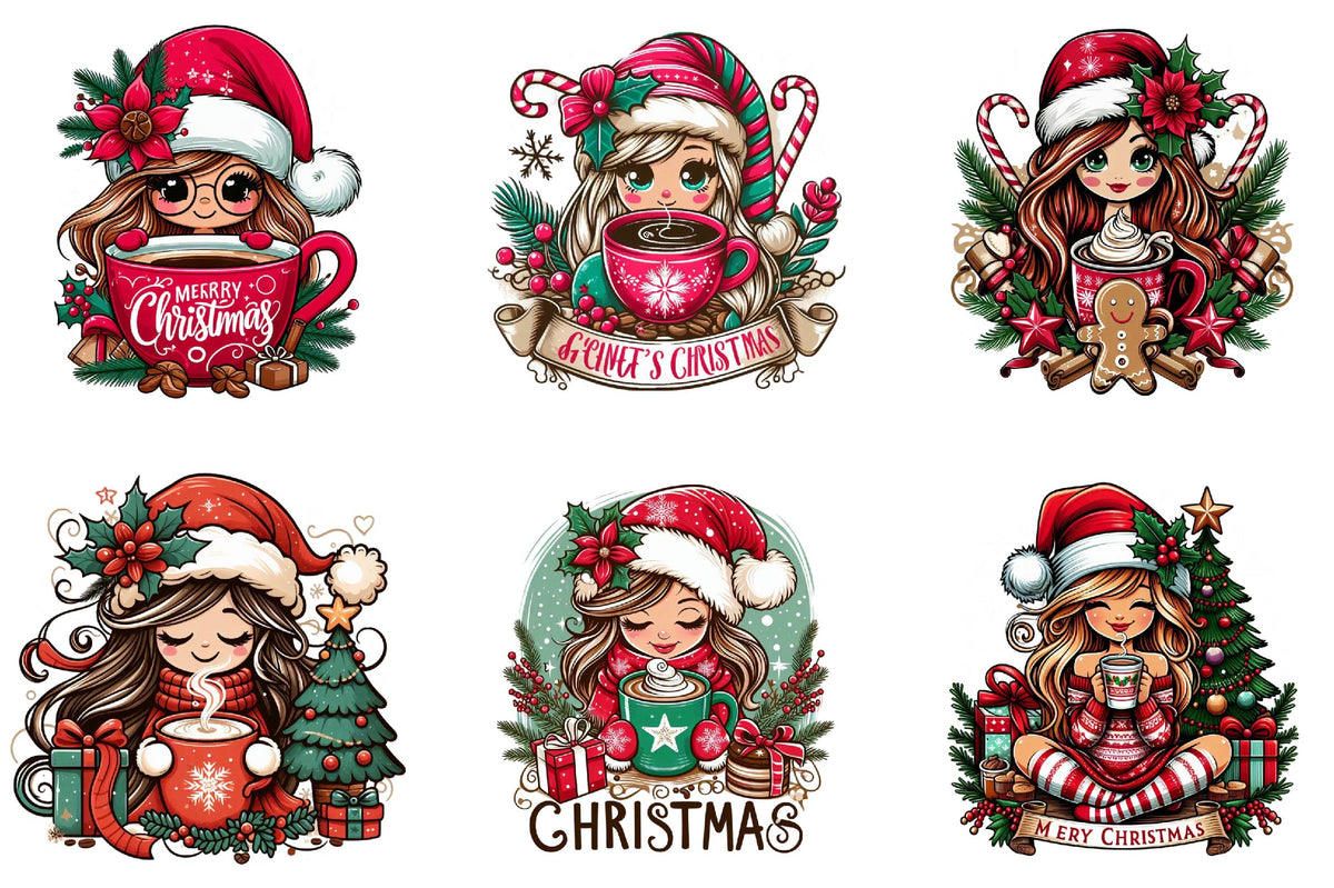 25 Christmas Coffee Girl Clipart Bundle PNG, Christmas Coffee Sublimation
