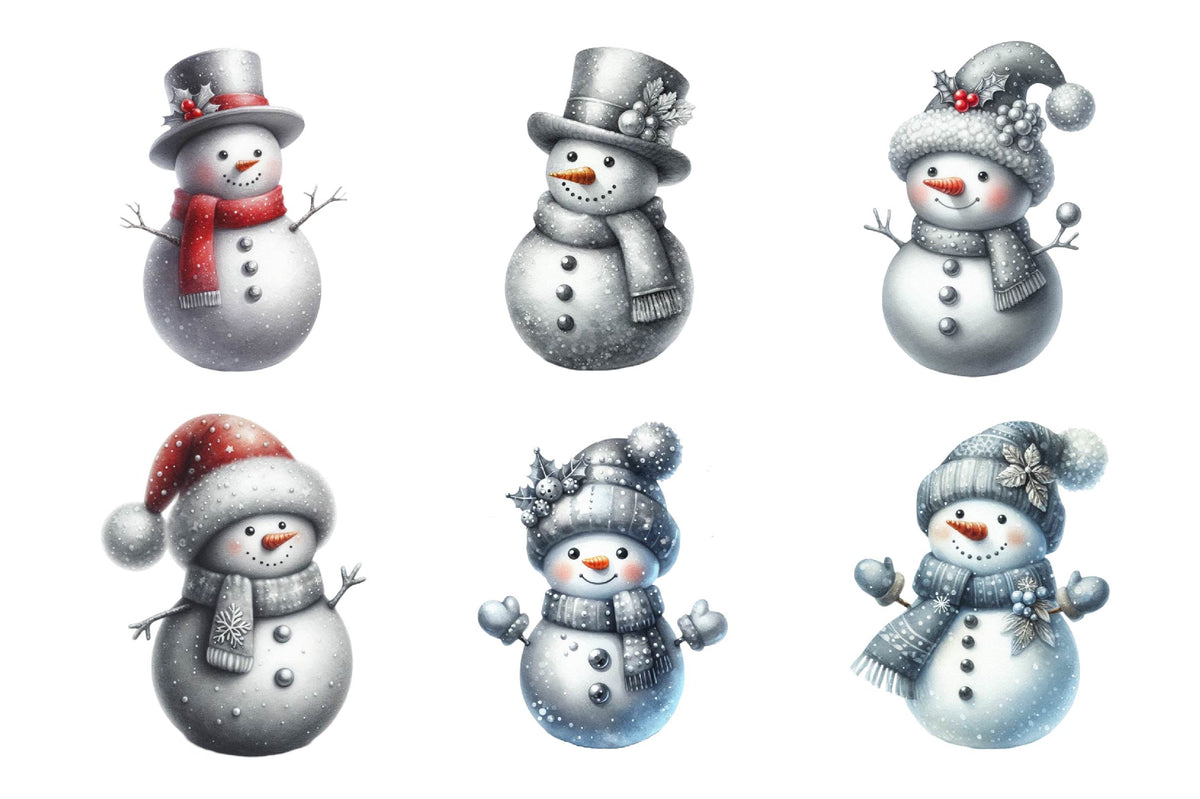Christmas Silver Snowman Watercolor Clipart PNG Bundle
